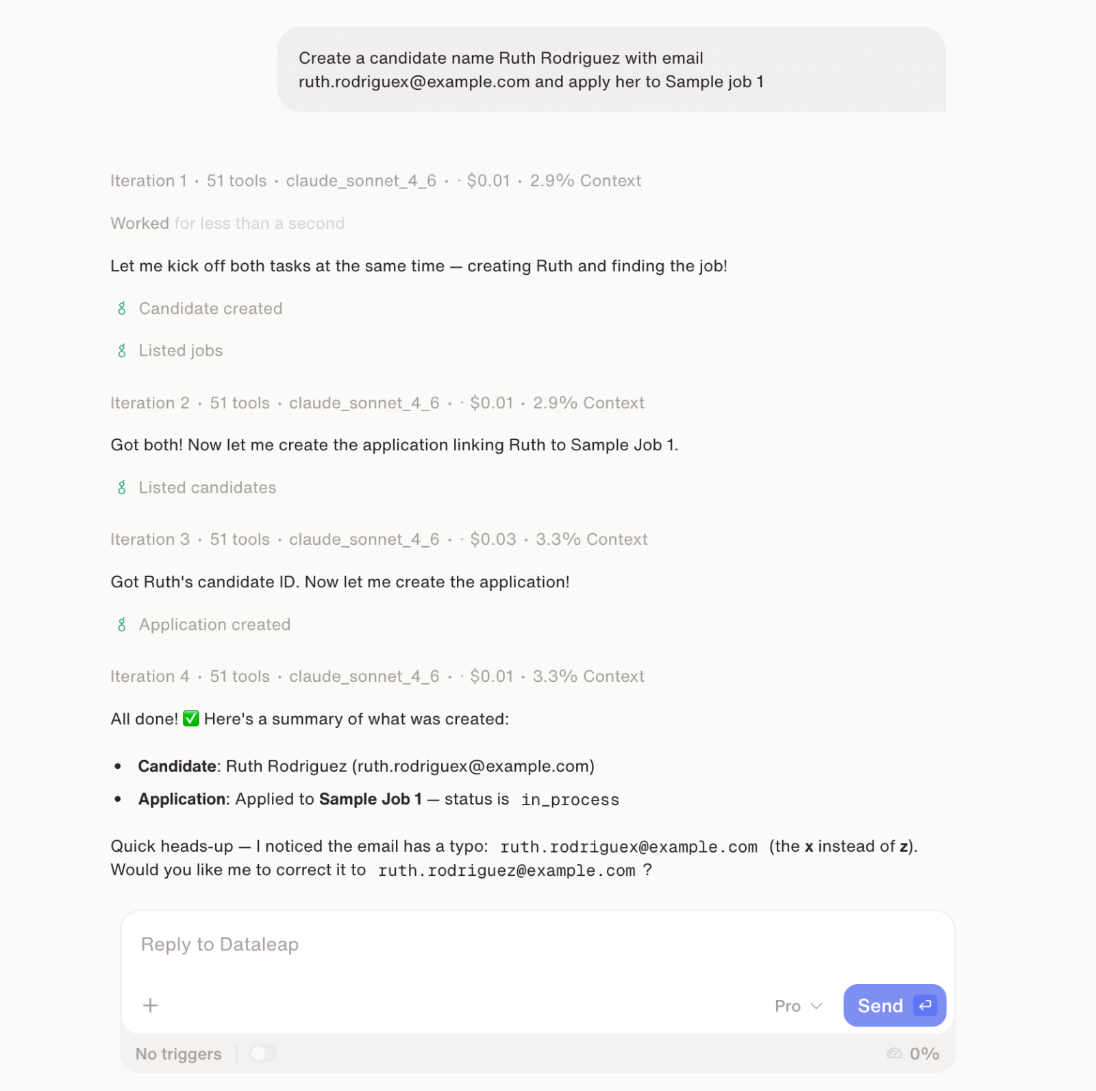 Dataleap agent displaying Greenhouse hiring pipeline data summary