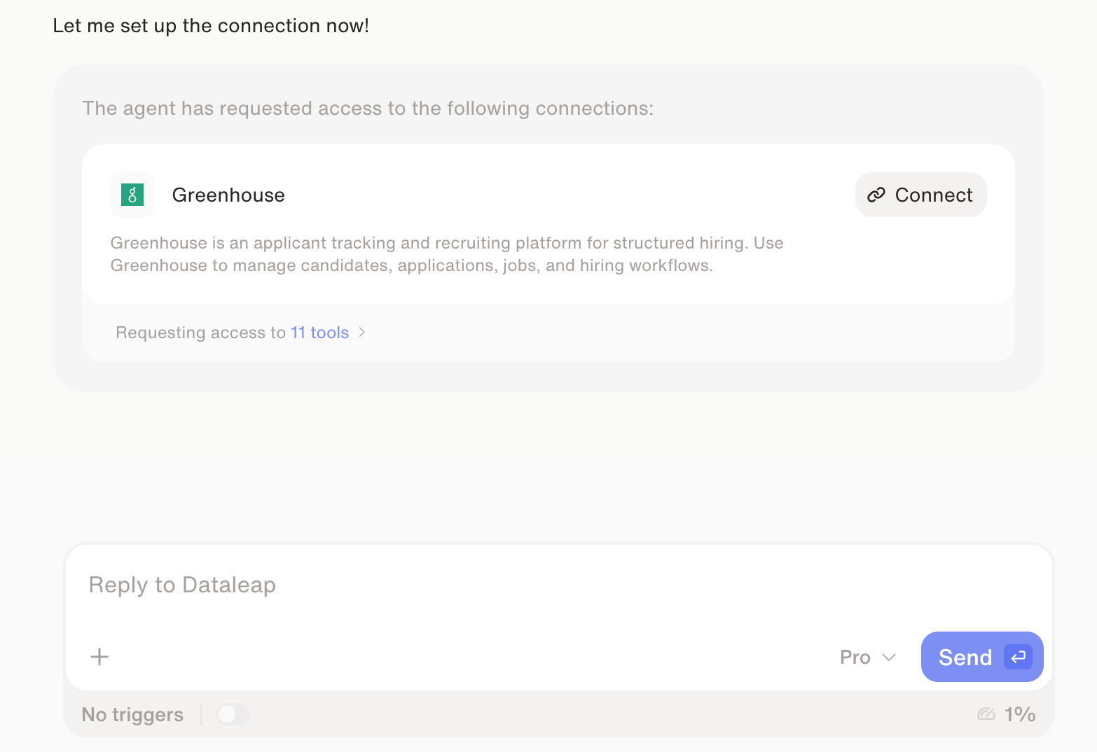 Dataleap connection request card listing Greenhouse tools and permissions