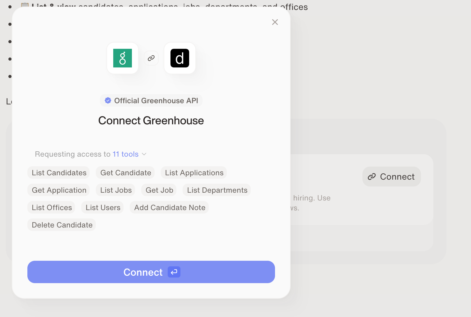 Greenhouse OAuth authorization screen in popup window