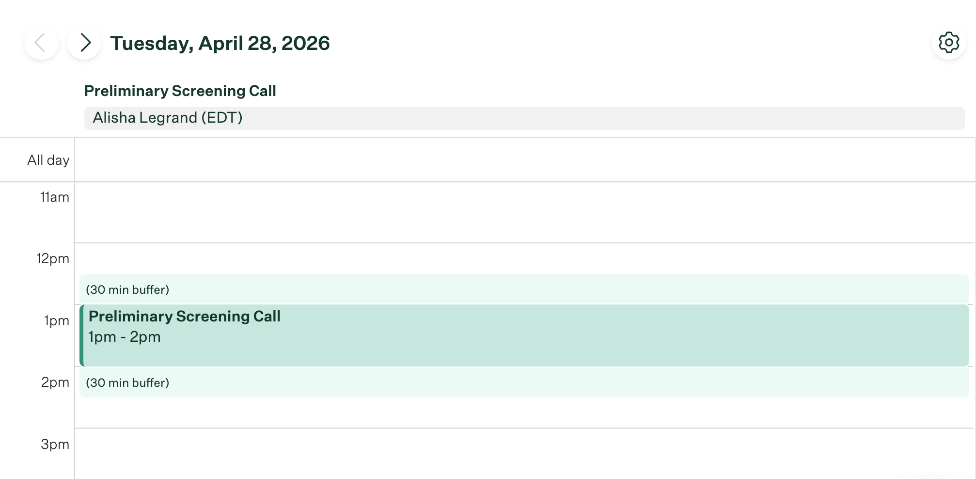 Calendar view showing 30 min buffer times before and after a screening call.