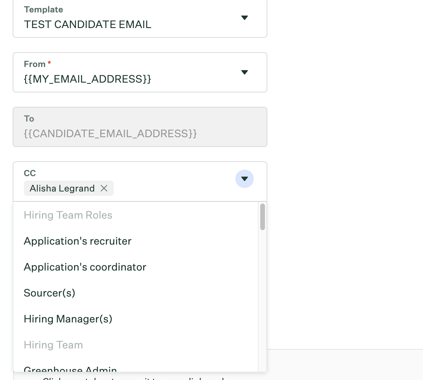 Email from showing drop down menu with CC options
