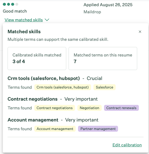 Matched skills panel showing 3 of 4 calibrated skills match and 7 total matched terms
