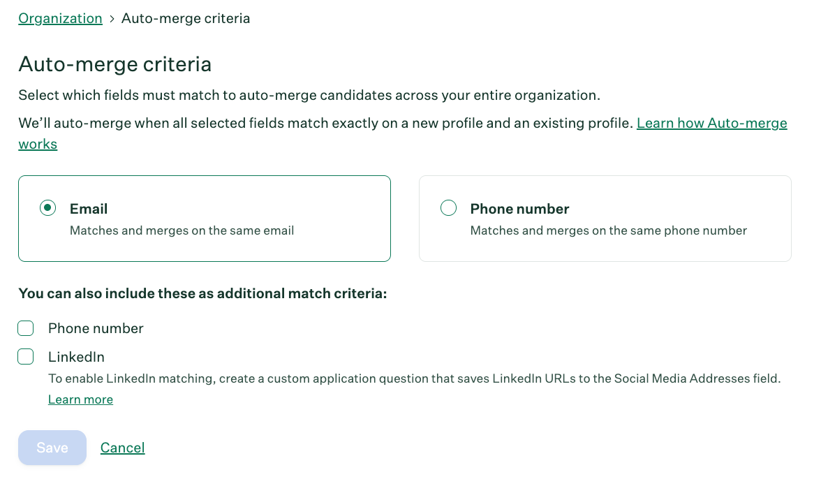 Configure settings for AUto-merge criteria showing Email and Phone number options