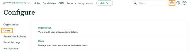 Greenhouse Configure page with Users selected