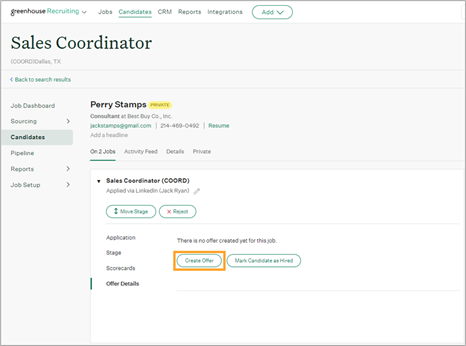 Greenhouse candidate profile showing Create Offer button
