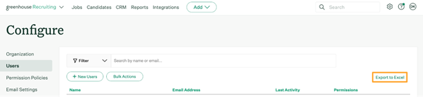 Greenhouse Users page with Export to Excel button