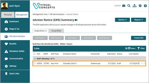 ExponentHR EAN Summary page showing draft new hire record created by Greenhouse