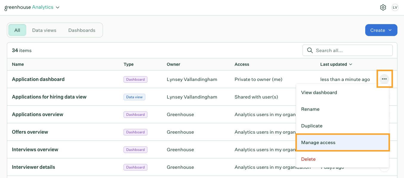 Ellipsis menu on Analytics home showing Manage access option
