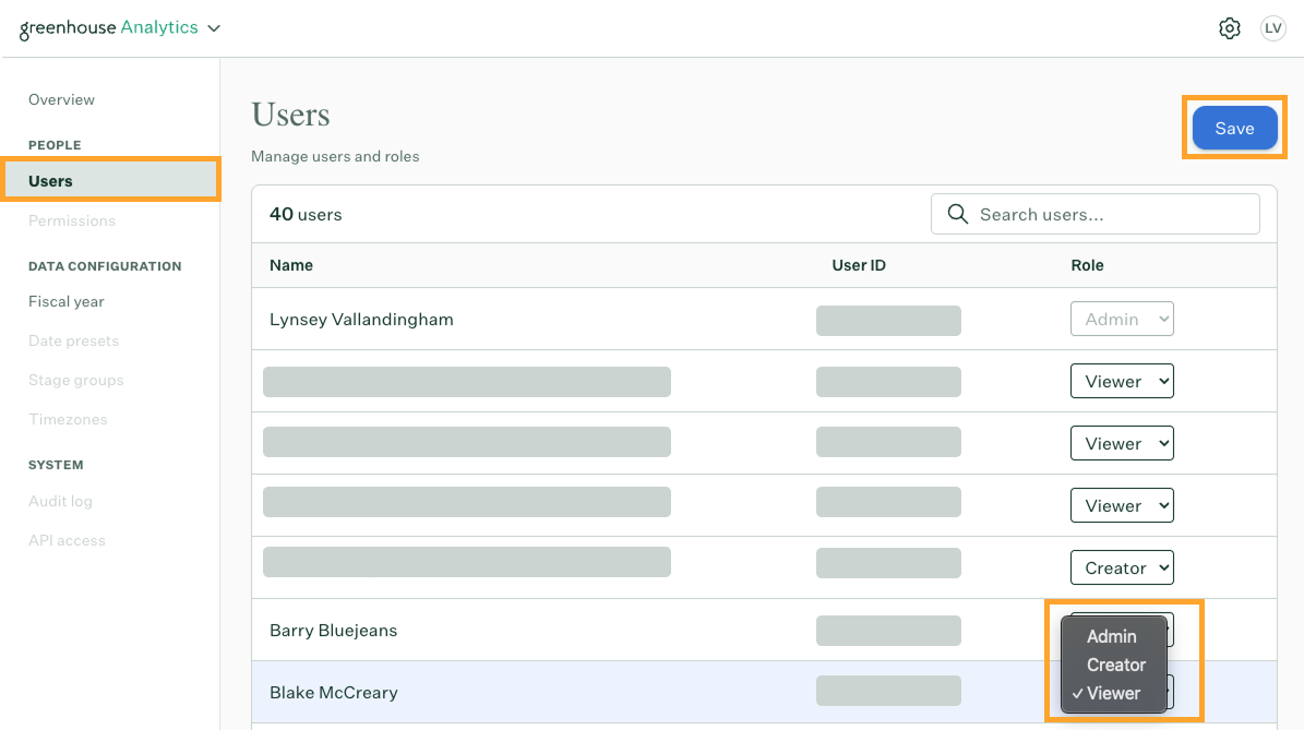 Analytics permissions page showing user list with role dropdowns