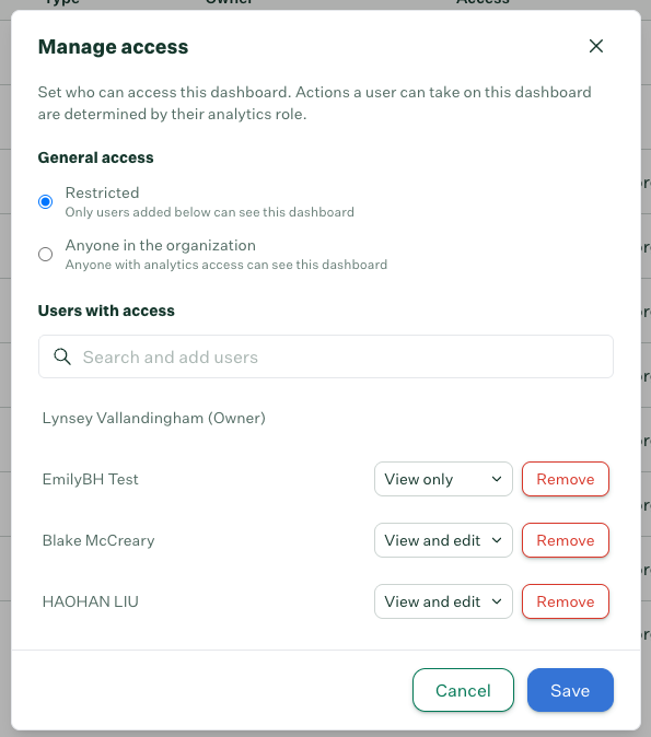 Manage access modal showing general access options and users with access