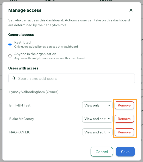 Users with access list showing Remove option