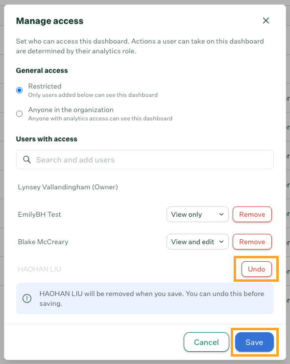 Users with access list showing Undo option