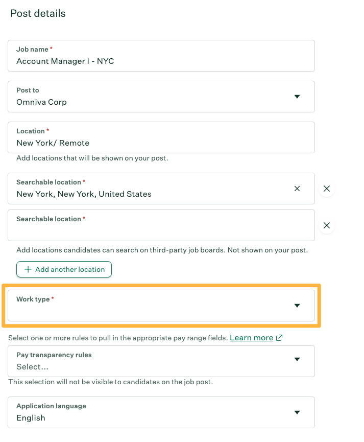 Edit Job Post Work Type field highlighted
