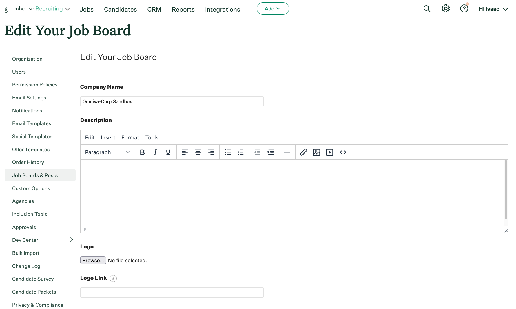 Screenshot of the edit job board fields. 