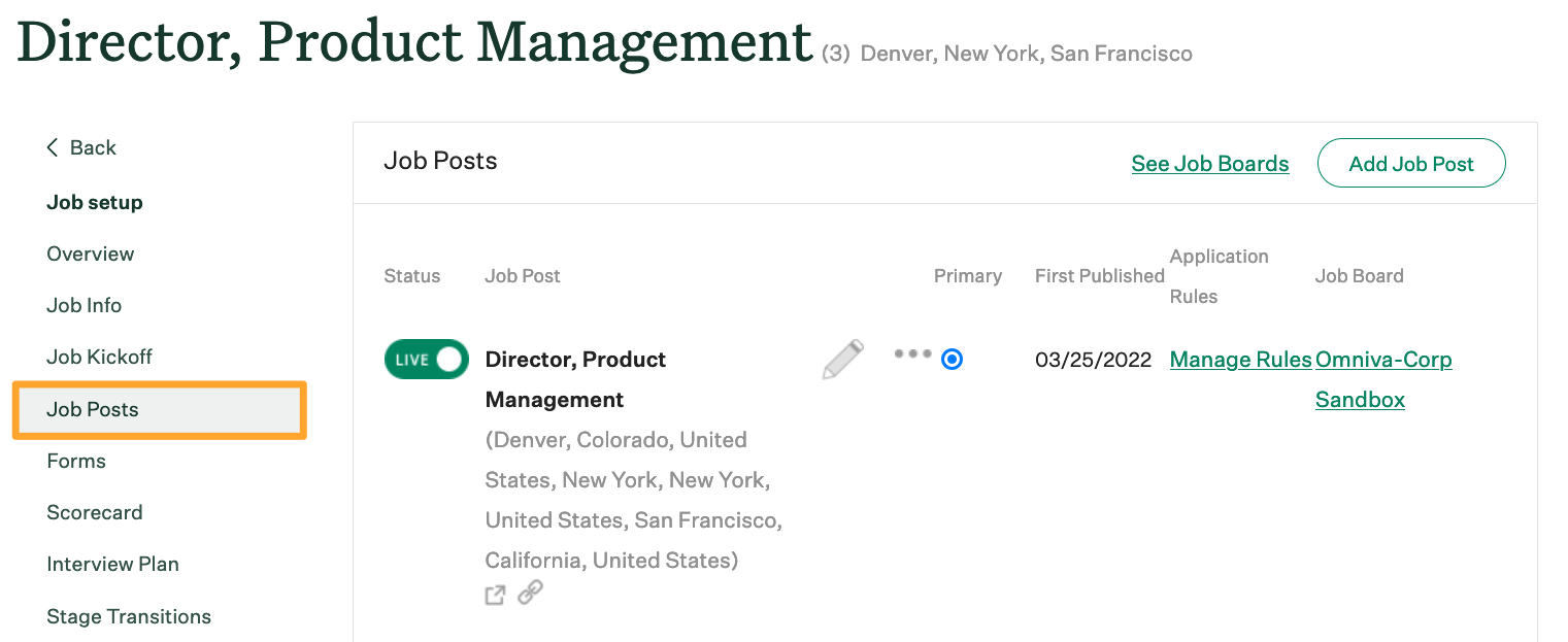 Screenshot of job posts tab