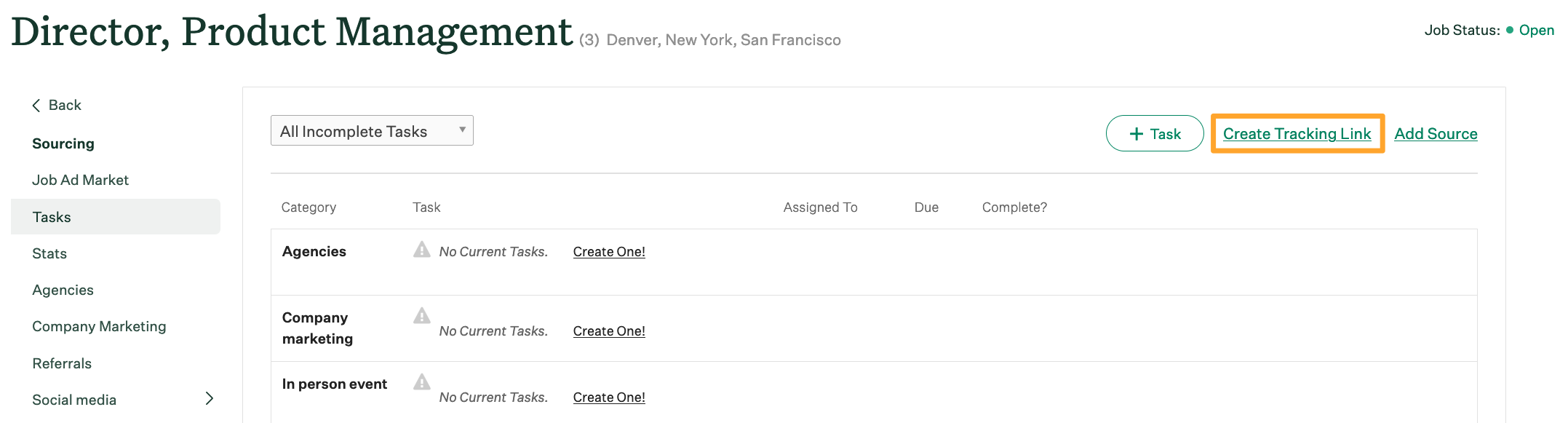 Screenshot of create tracking link button