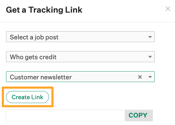 Screenshot of create tracking link button
