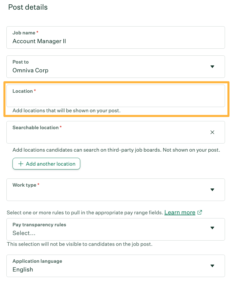 Job post details with Location field highlighted