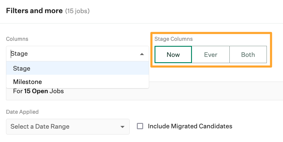 Screenshot of the columns button on a current pipeline per job report