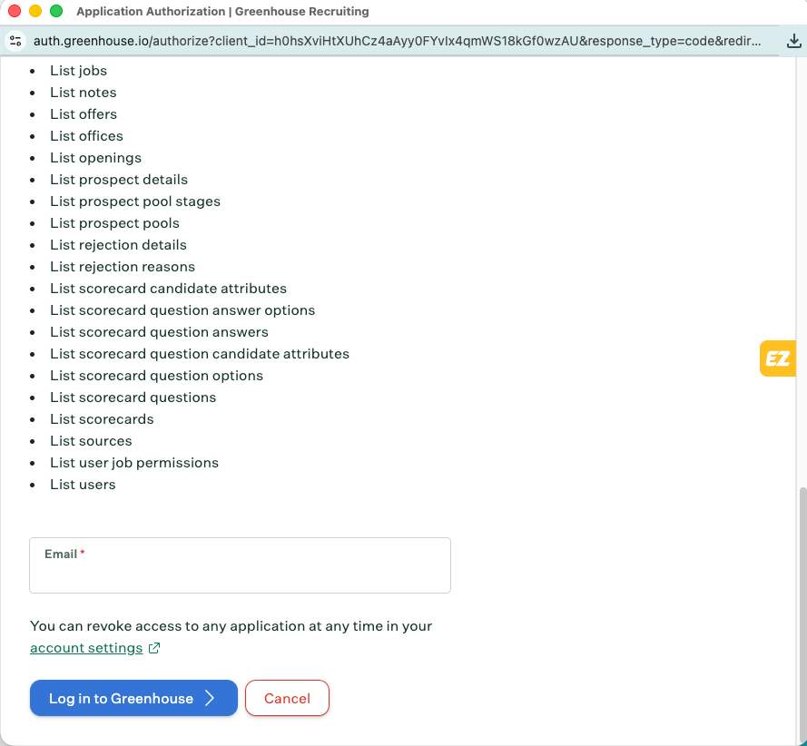 Greenhouse credentials authentication pop-up window