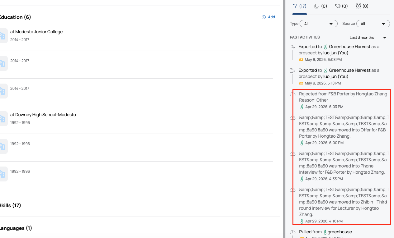 Candidate activity logs from Greenhouse displayed in hireEZ