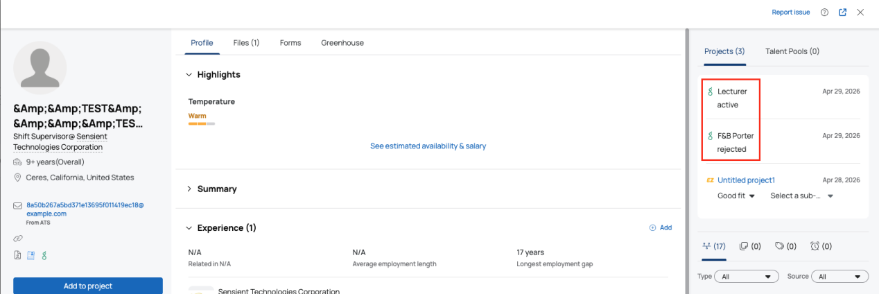 Current applications and pipeline stages from Greenhouse displayed in hireEZ