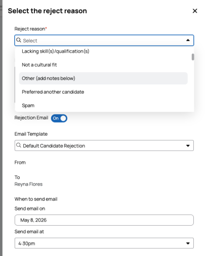 Reject applicant dialog showing rejection reason and send email options