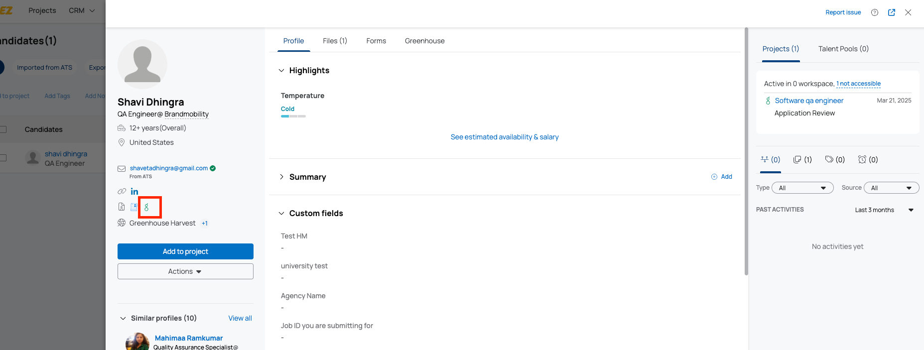 hireEZ link to open the exported candidate profile in Greenhouse