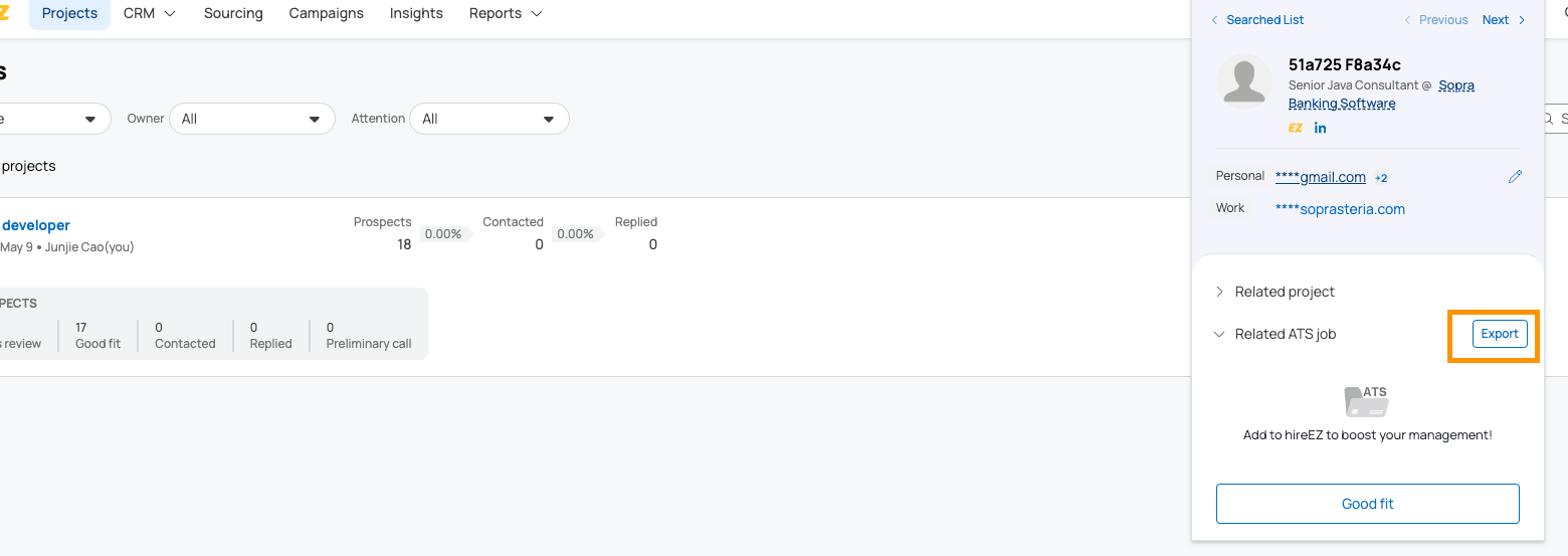 hireEZ Chrome Extension showing Export button on a candidate profile