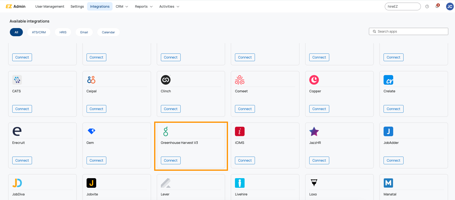 hireEZ integration page showing Greenhouse Harvest V3 with Connect button