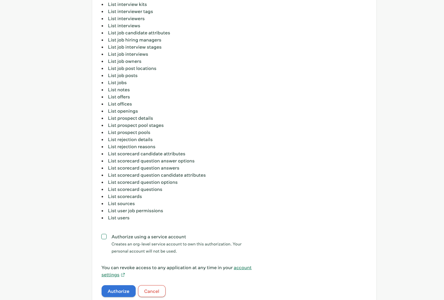Customize settings screen with Authorize using a service account option