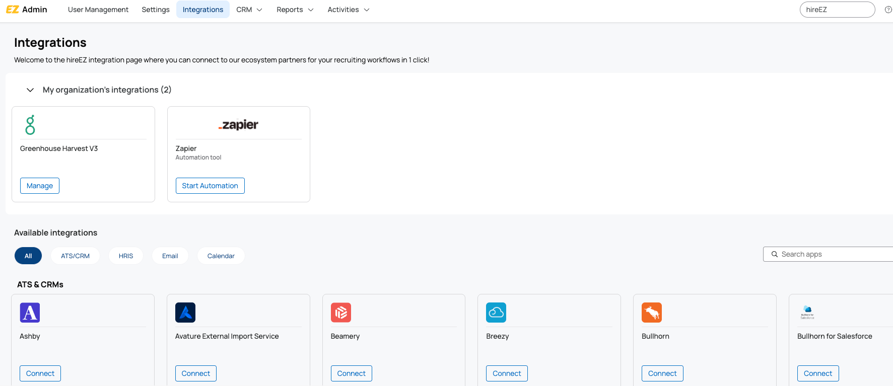 My Organization's Integrations page listing the hireEZ integration