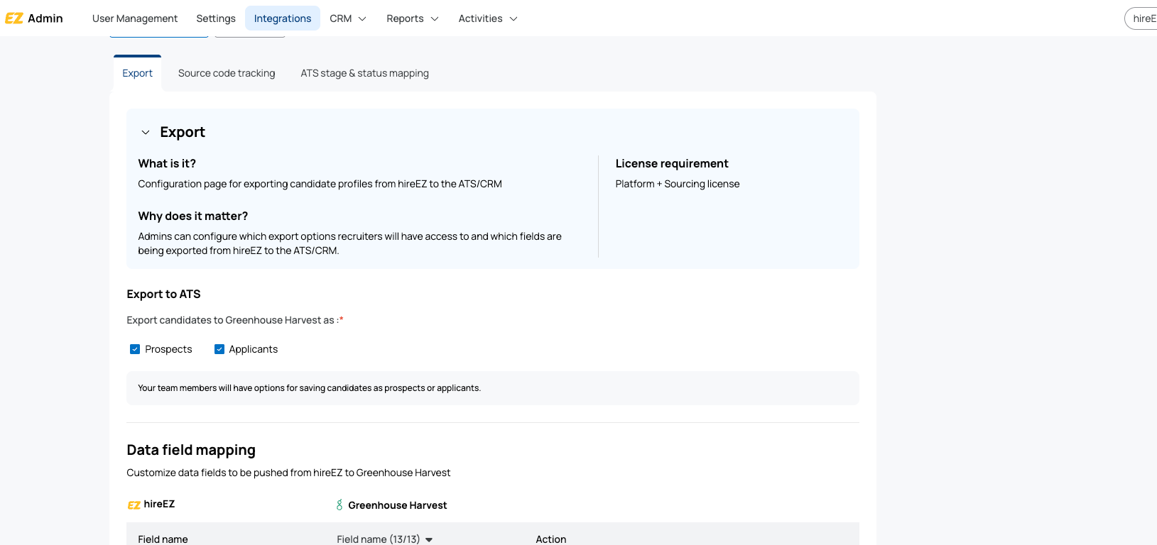 hireEZ integration configuration page