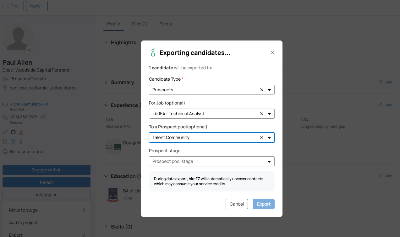 hireEZ export to Greenhouse as prospect showing pool stage selection