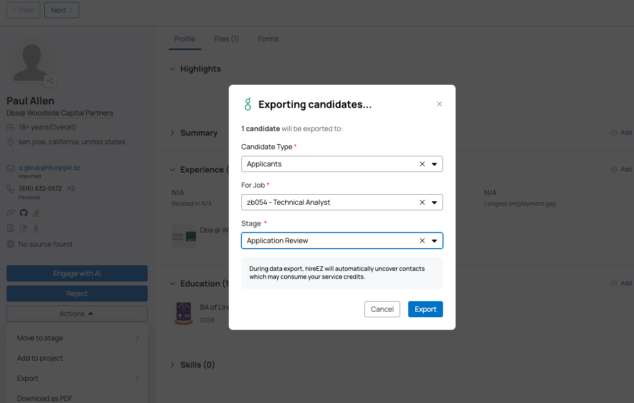 hireEZ export to Greenhouse as job applicant with stage selection