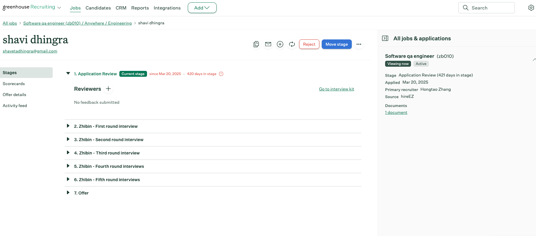 Exported candidate profile as it appears in Greenhouse