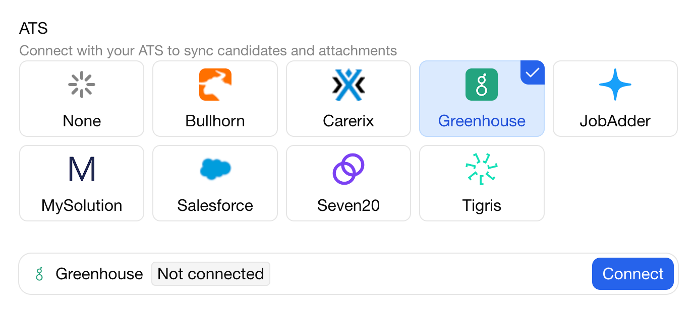 CV-Transformer integrations page showing Greenhouse ATS with Connect button