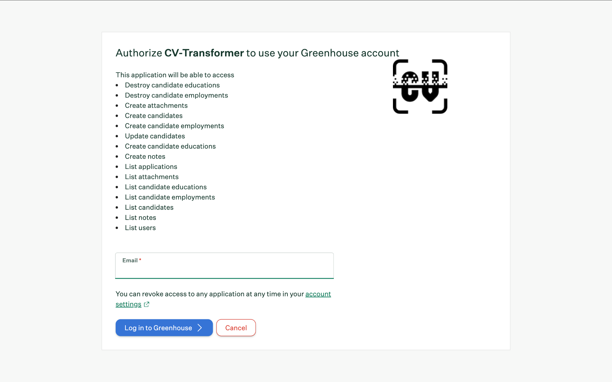 CV-Transformer prompt to enter Greenhouse service account email address
