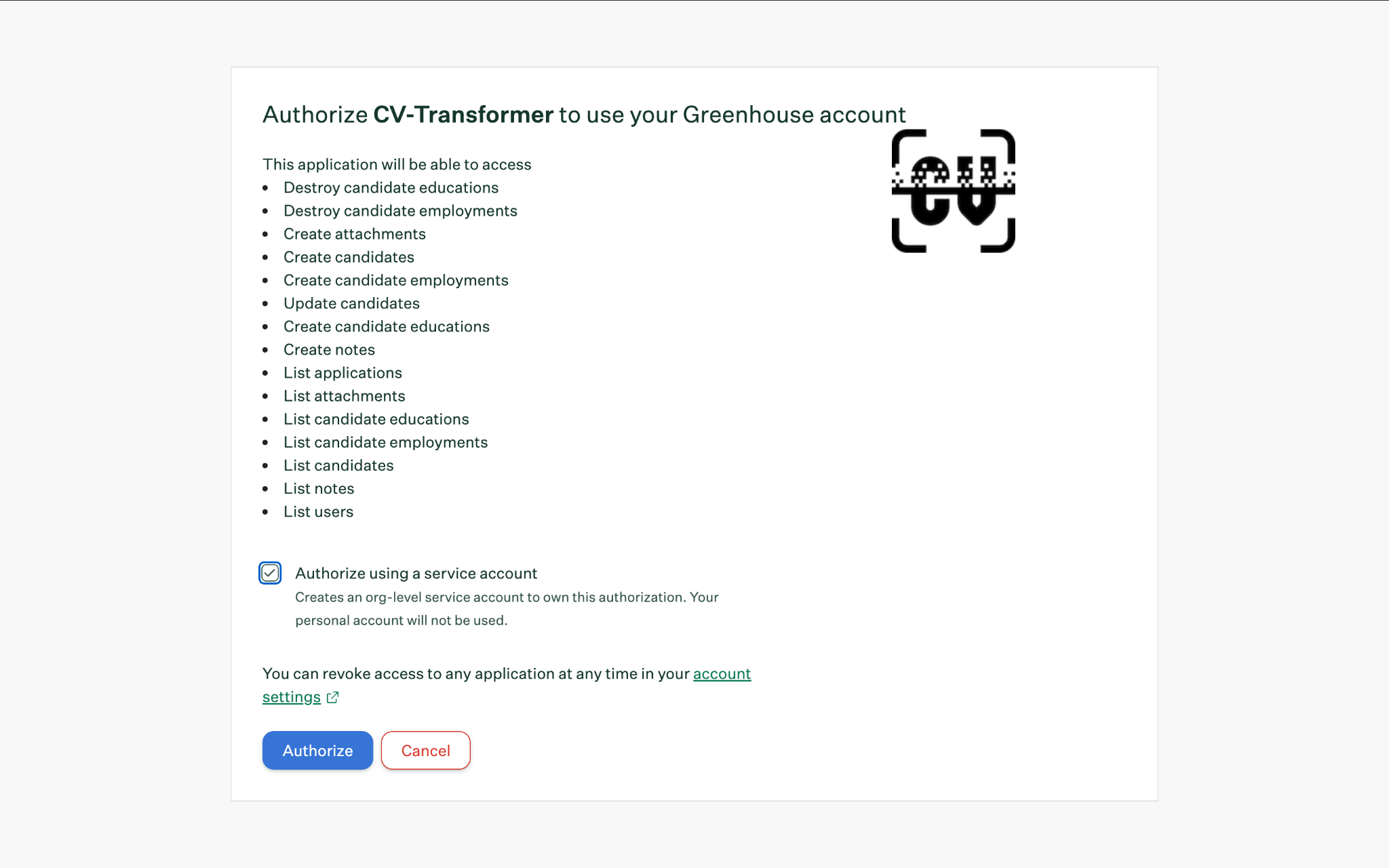 Greenhouse authorization screen with Authorize using a service account option selected