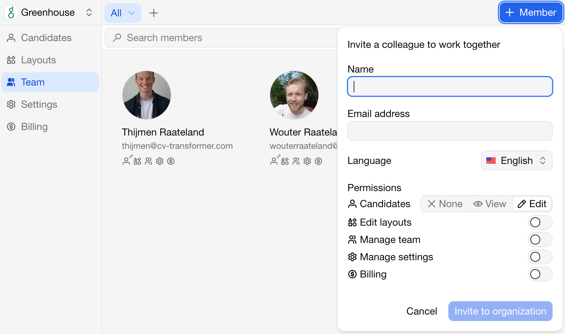 CV-Transformer Team page showing the +Member button to invite new users