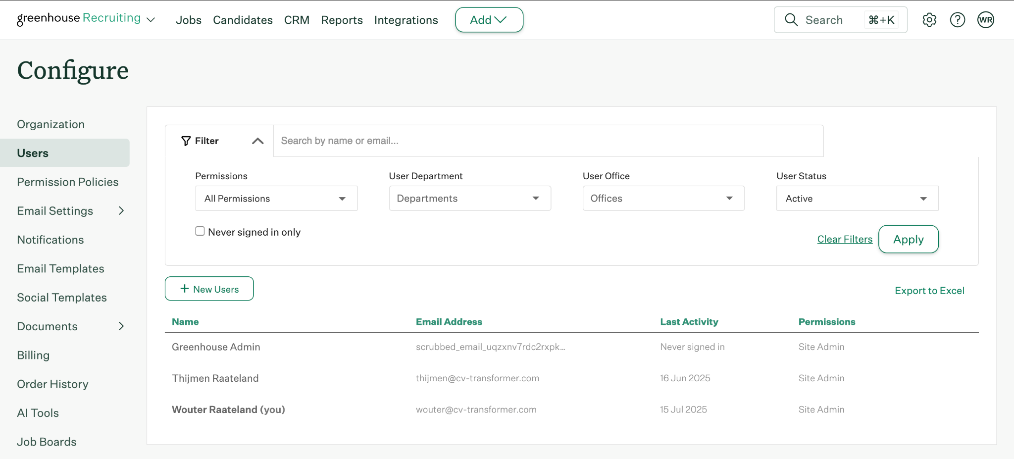 Greenhouse Configure Users page showing the +New Users button