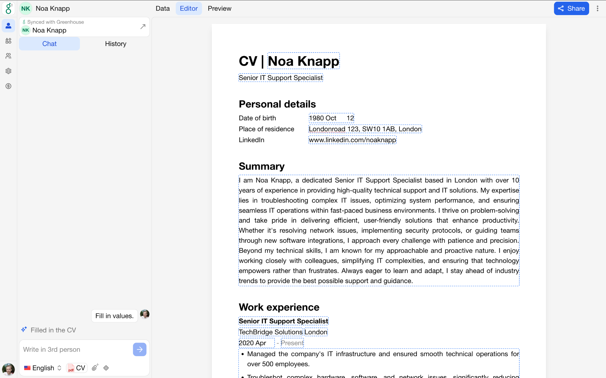 CV-Transformer AI assistant generating a candidate proposal