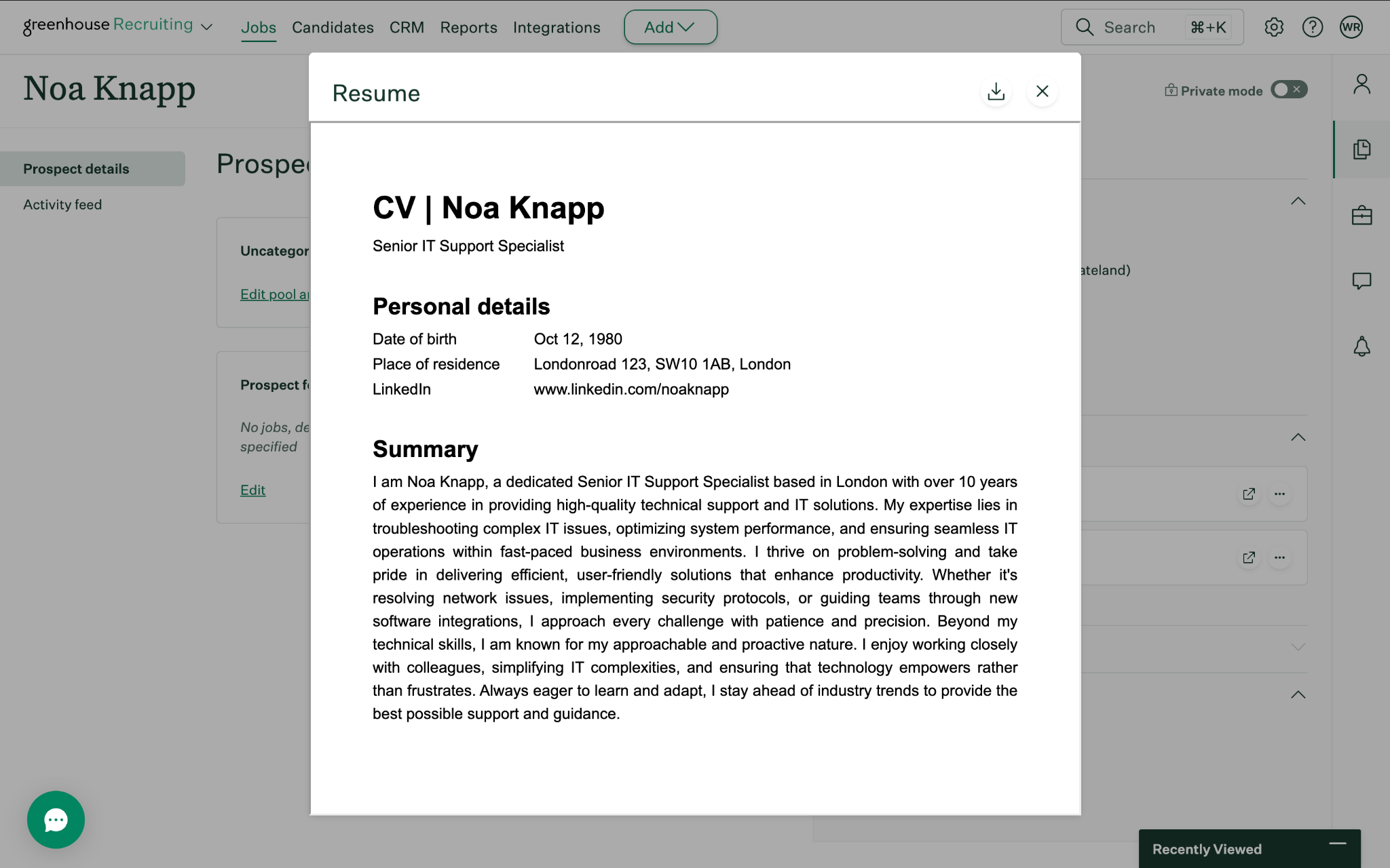 Formatted CV proposal attached to a candidate profile in Greenhouse