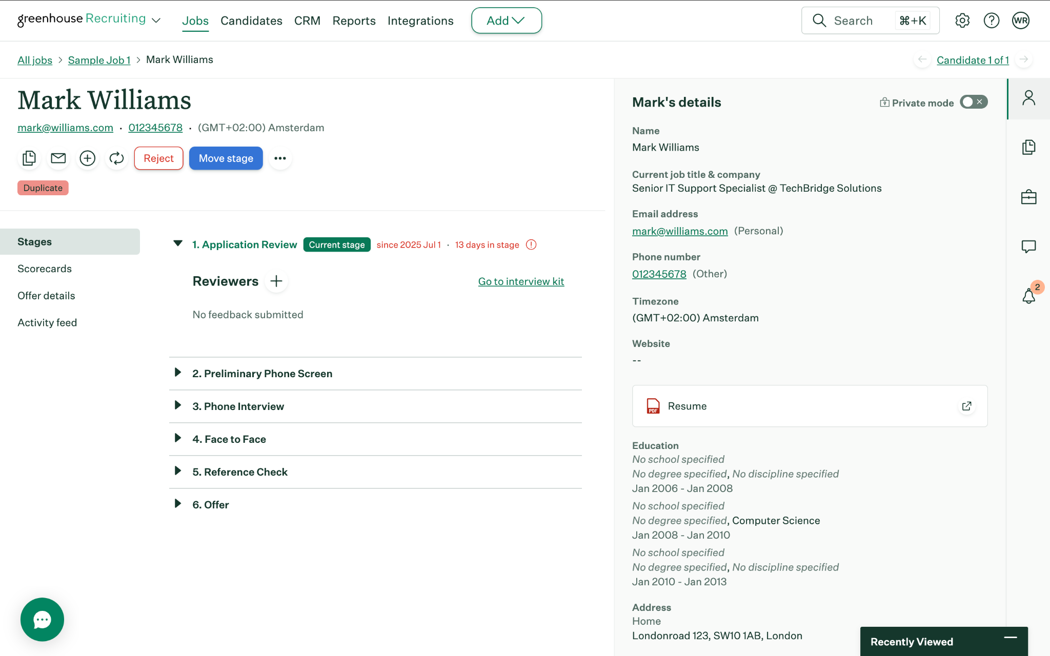 Greenhouse candidate profile showing auto-populated data from CV-Transformer AI extraction