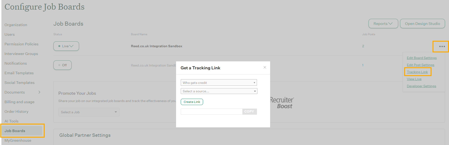 Greenhouse job board tracking link page showing the Select a source dropdown