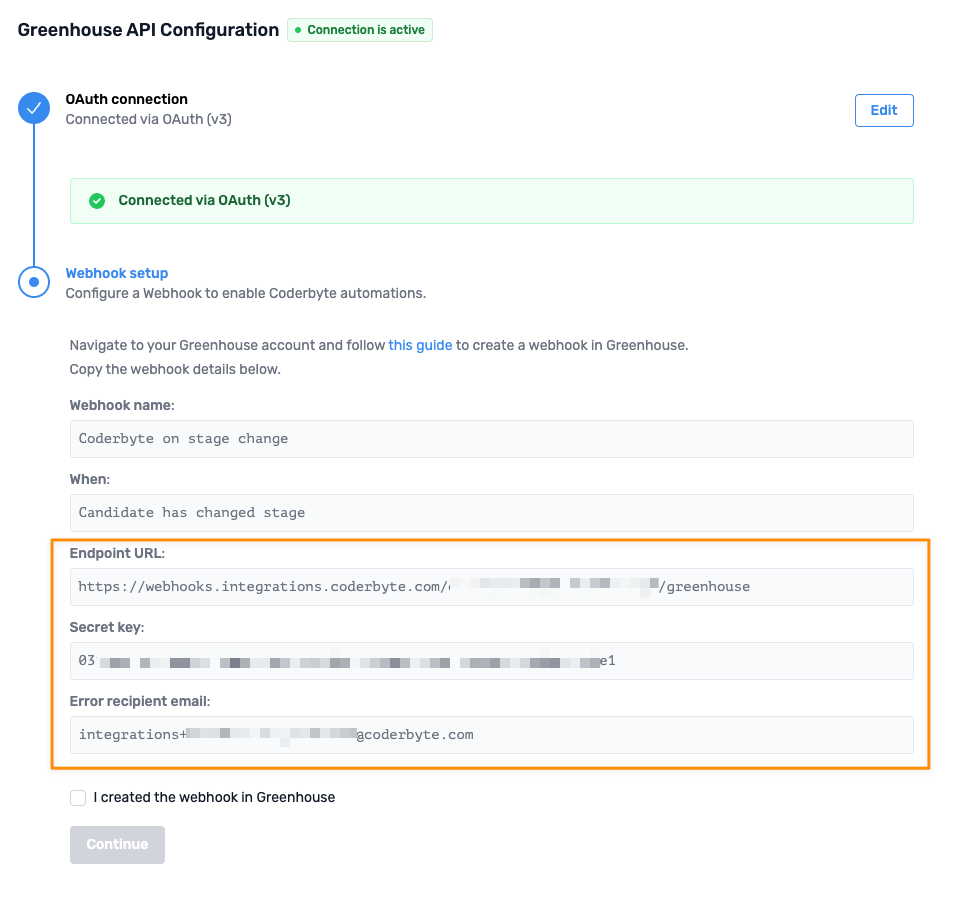 Greenhouse webhook configuration form showing Name, When, Endpoint URL, and Secret Key fields for Coderbyte