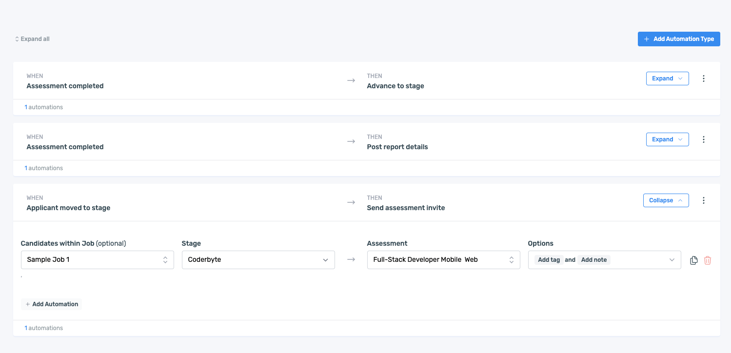 Coderbyte Workflows page showing options to automate assessment invites and candidate stage movement