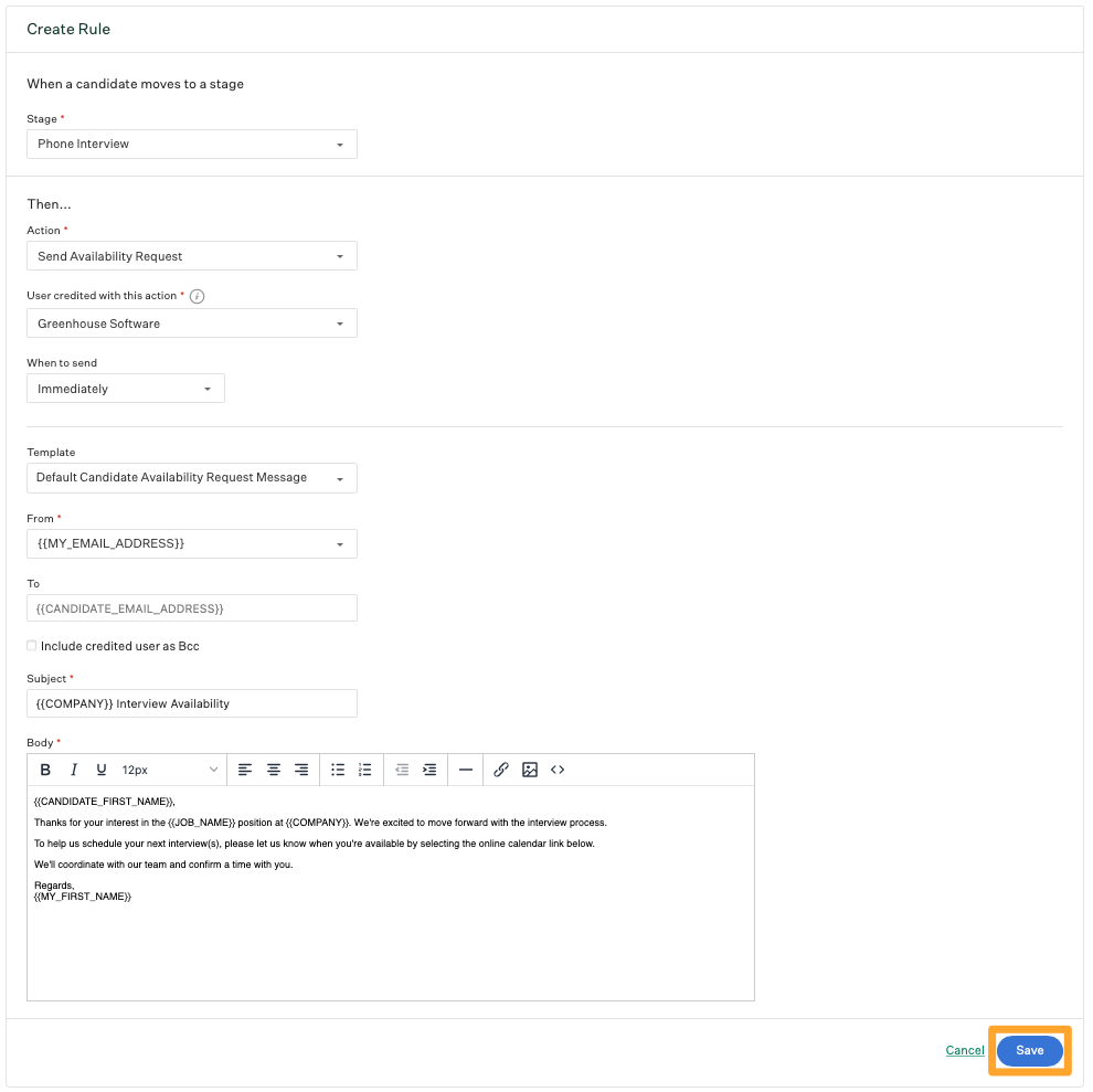 Screenshot of create a new stage transition rule