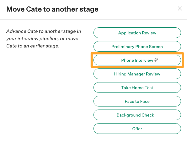 Screenshot of available stages, with a lightning bolt icon next to the phone interview stage