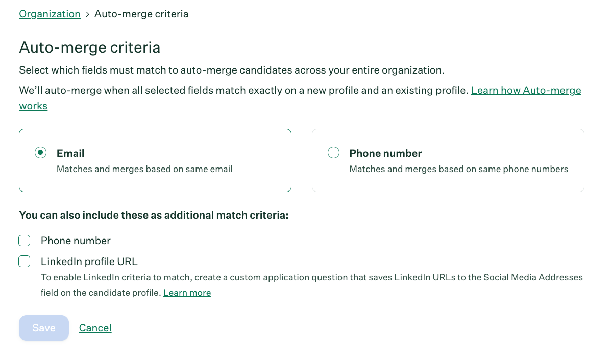 Auto-merge criteria Email choice with Phone and LinkedIn options